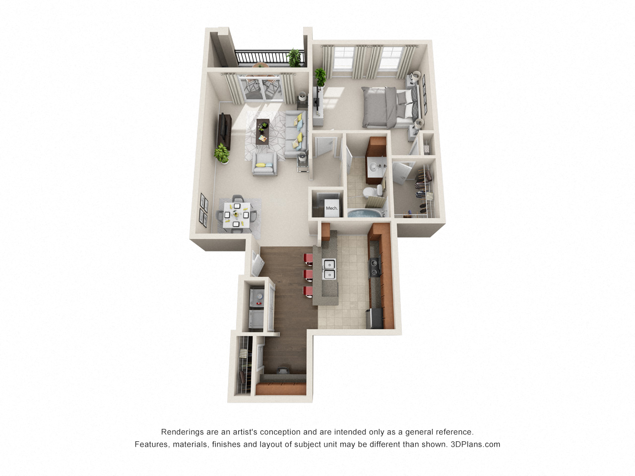 Floor plan for 1 bed, 1 bath, 951 sqft